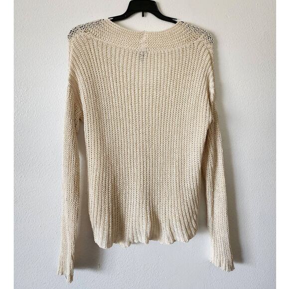 Eileen Fisher Organic Cotton Crochet Linen Tape Box V-Neck Pullover Sweater Ecru - Picture 4 of 8